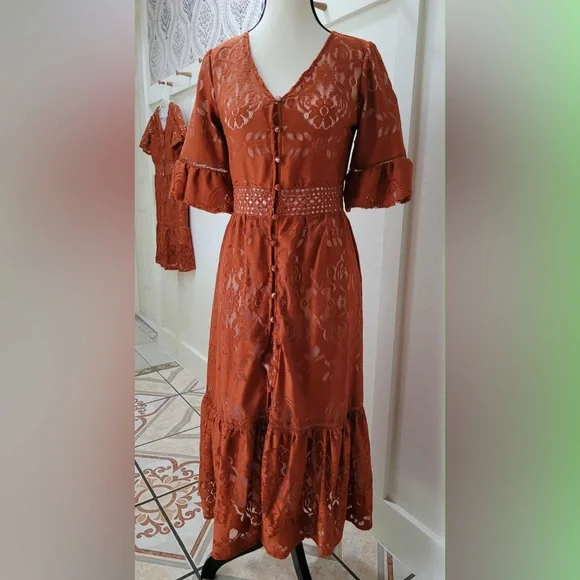 Ivy City Co Lace Button-Down Dress in Rust - Picture 2 of 5
